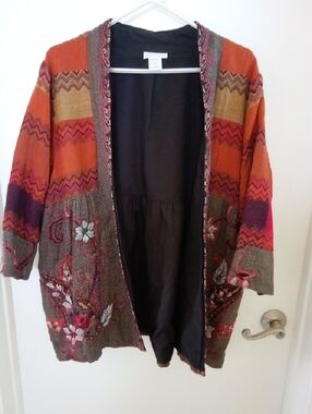 Soft Surroundings Orange Multicolor Embroidered Open Cardigan